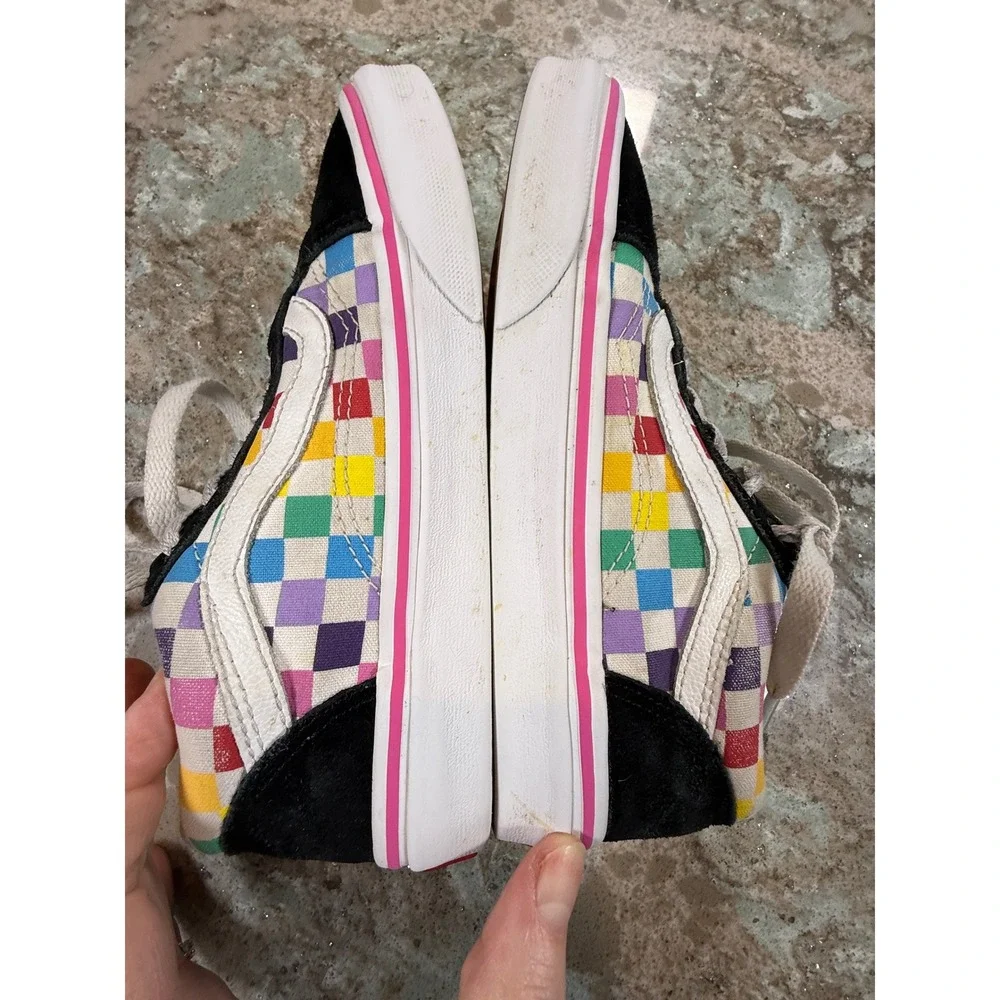 Vans Old‎ Skool Rainbow Checkerboard Black Suede Low Top Sneakers Kids Size 3.0